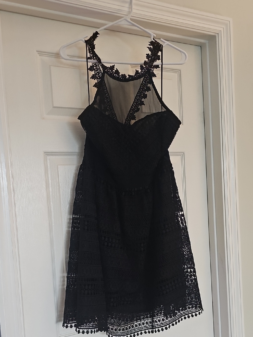 Francesca's Collections Black Lace Mini Dress with Sheer Floral Yoke